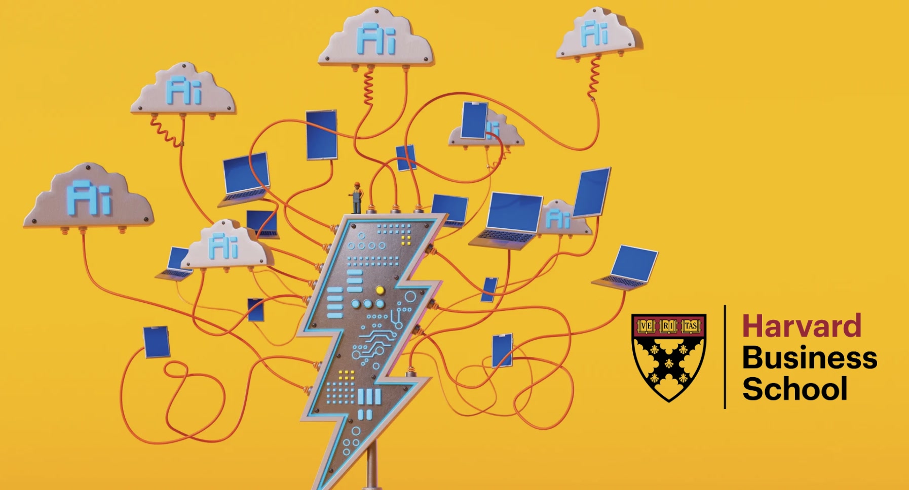 Illustration of a large lightning bolt wired by red cables to laptops, phones and cloud icons labelled AI on an orange background, with the Harvard Business School logo at right